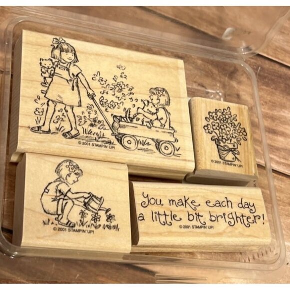 2001 STAMPIN' UP! FRIENDSHIPS GROW Wood Mounted Rubber Stamp set of 4 WAGON - Picture 1 of 5